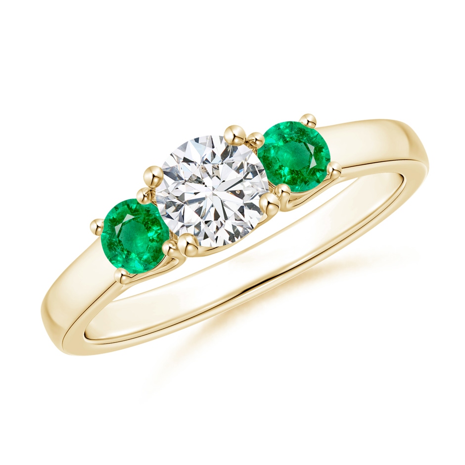 5mm HSI2 Classic Round Diamond and Emerald Three Stone Ring in Yellow Gold 