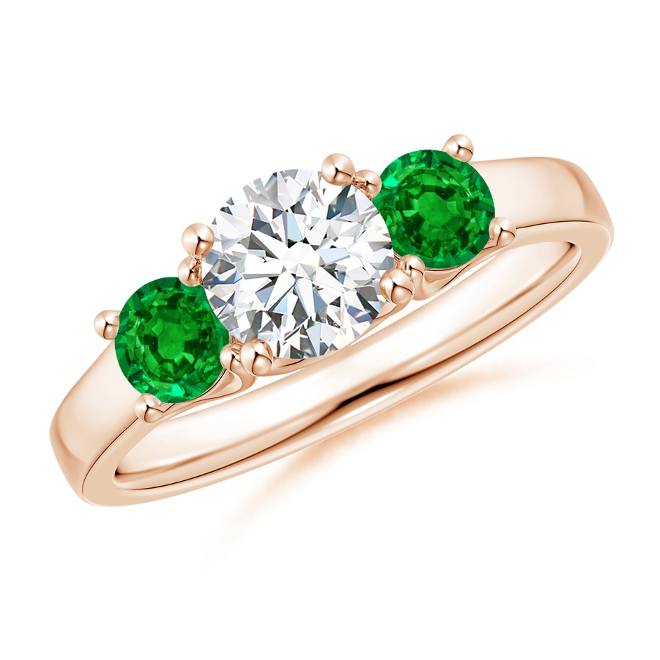 6mm GVS2 Classic Round Diamond and Emerald Three Stone Ring in Rose Gold 