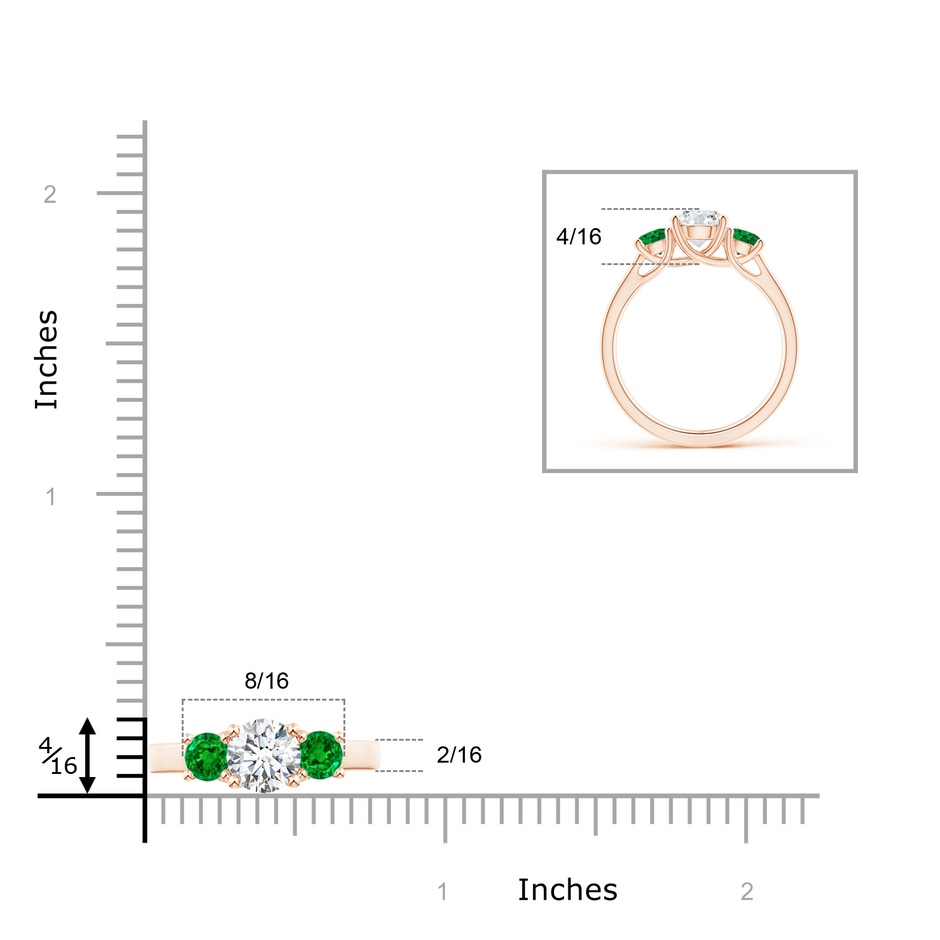 6mm GVS2 Classic Round Diamond and Emerald Three Stone Ring in Rose Gold ruler