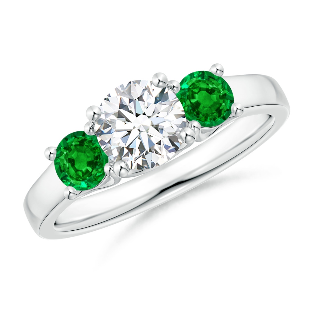 6mm GVS2 Classic Round Diamond and Emerald Three Stone Ring in White Gold