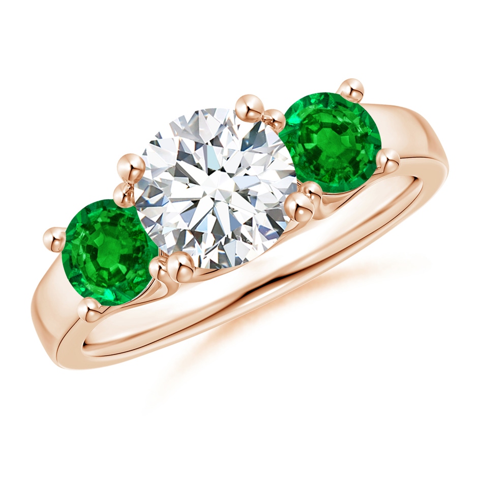 7mm GVS2 Classic Round Diamond and Emerald Three Stone Ring in Rose Gold 