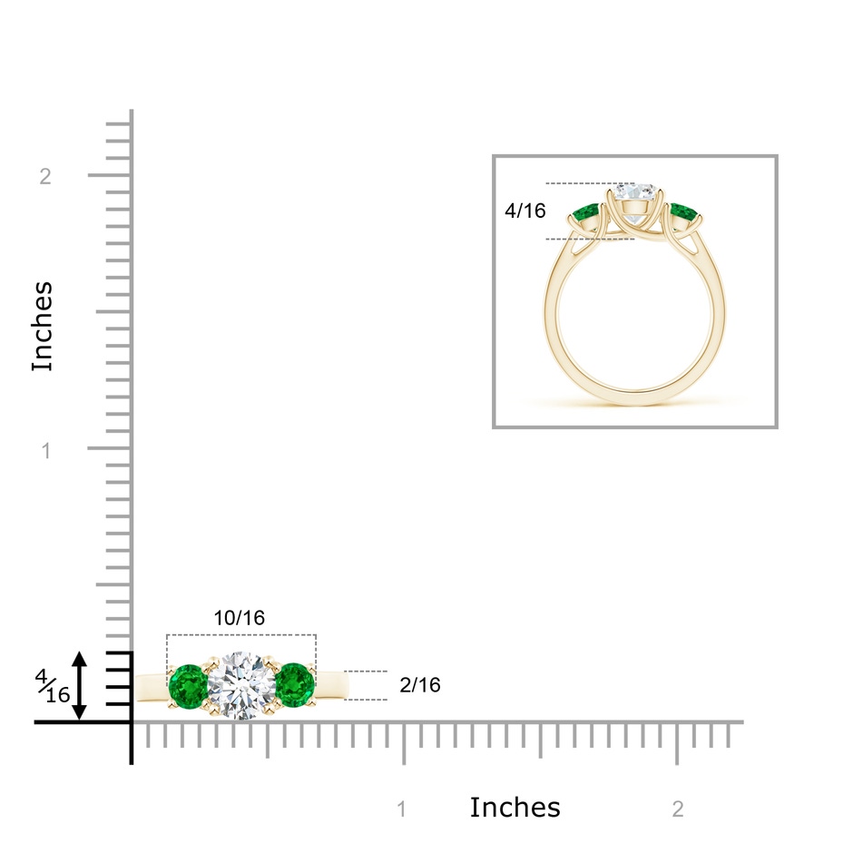 7mm GVS2 Classic Round Diamond and Emerald Three Stone Ring in Yellow Gold ruler