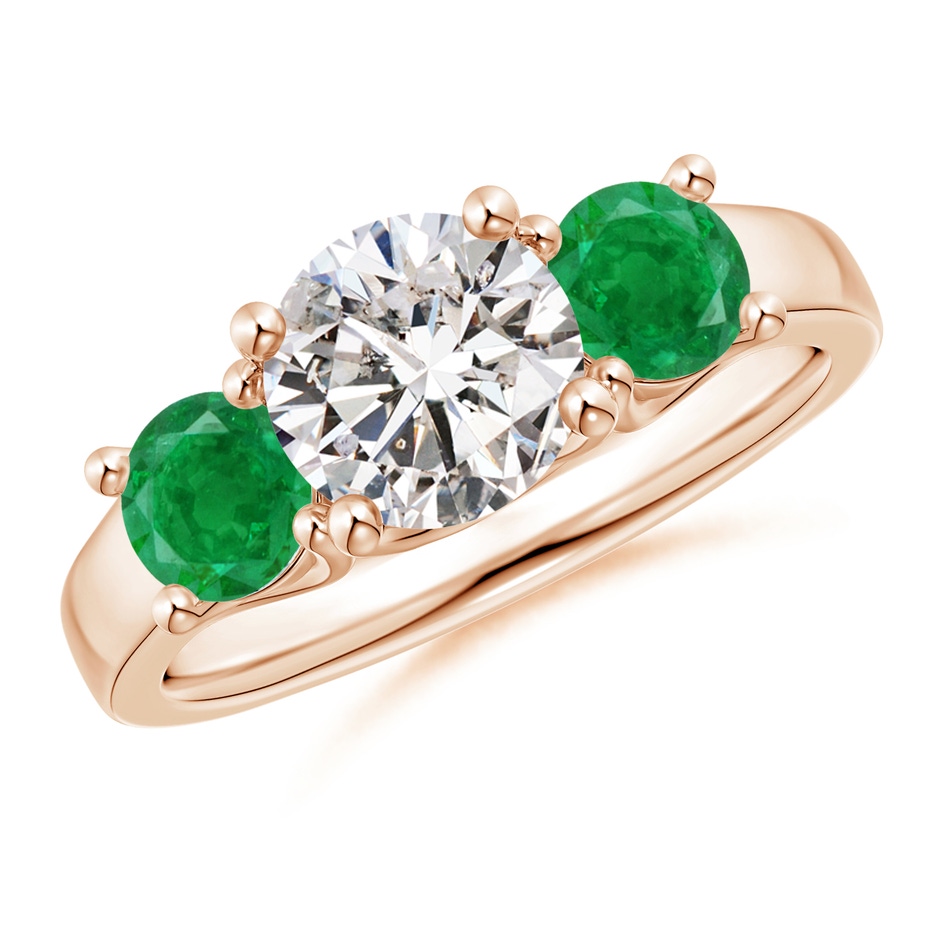 7mm IJI1I2 Classic Round Diamond and Emerald Three Stone Ring in Rose Gold 
