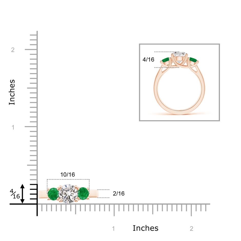 7mm IJI1I2 Classic Round Diamond and Emerald Three Stone Ring in Rose Gold ruler