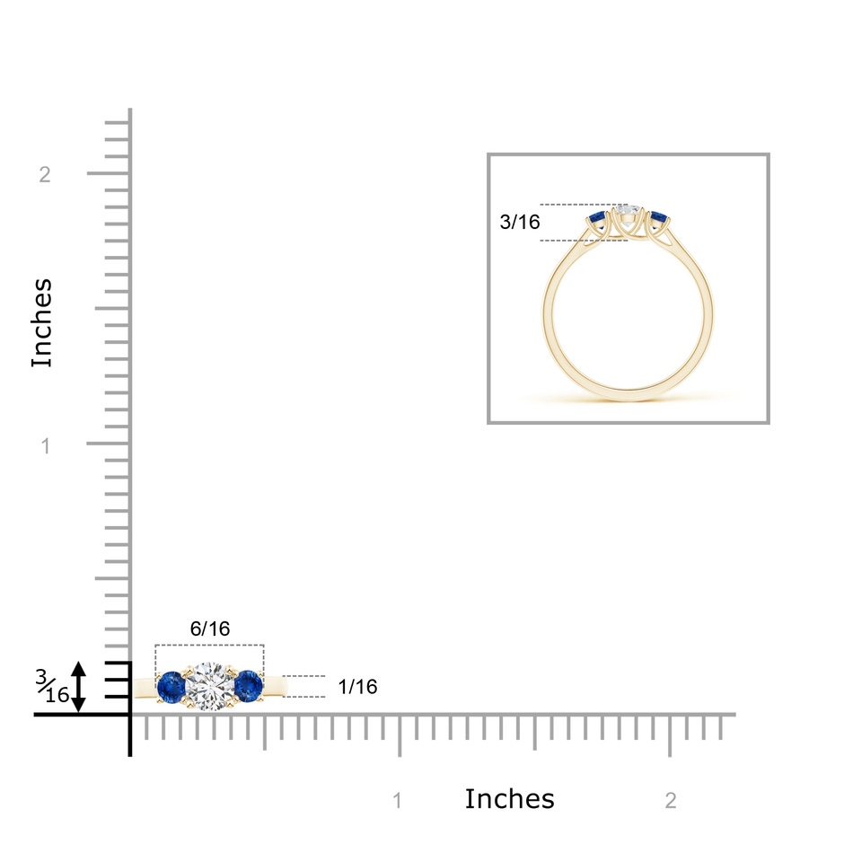 4mm HSI2 Classic Round Diamond and Sapphire Three Stone Ring in 9K Yellow Gold ruler