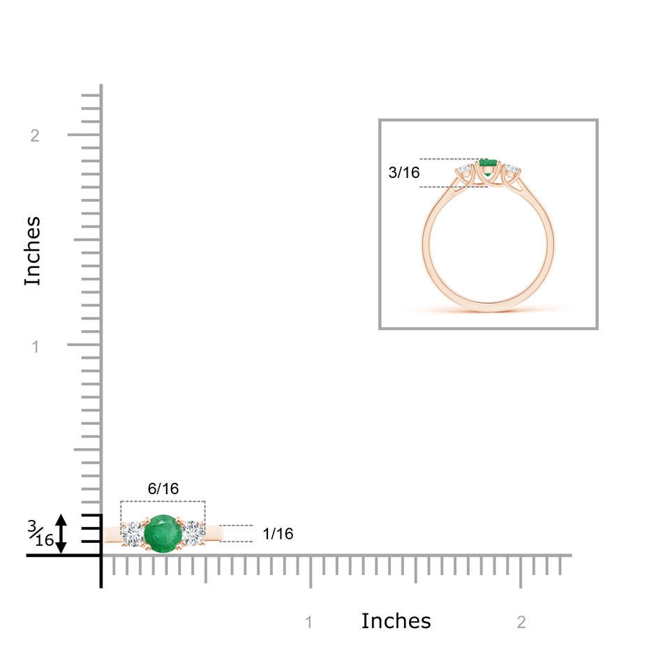 4mm A Classic Round Emerald and Diamond Three Stone Ring in Rose Gold ruler
