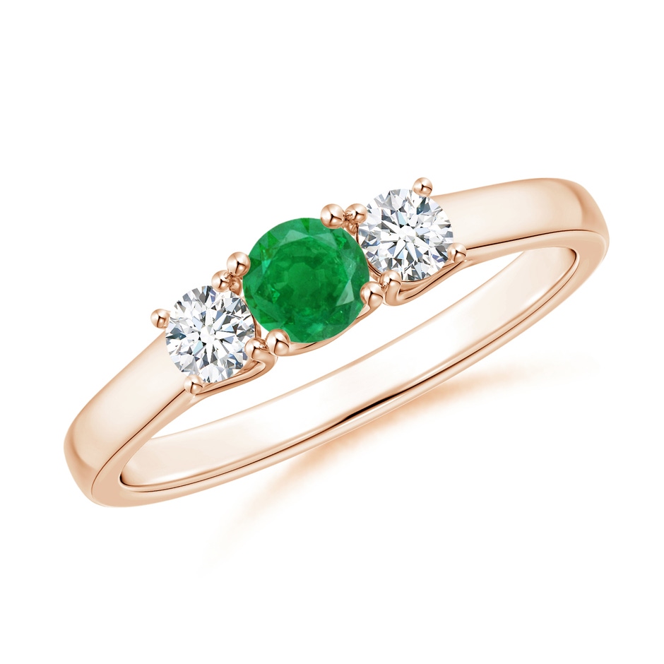 4mm AA Classic Round Emerald and Diamond Three Stone Ring in Rose Gold 