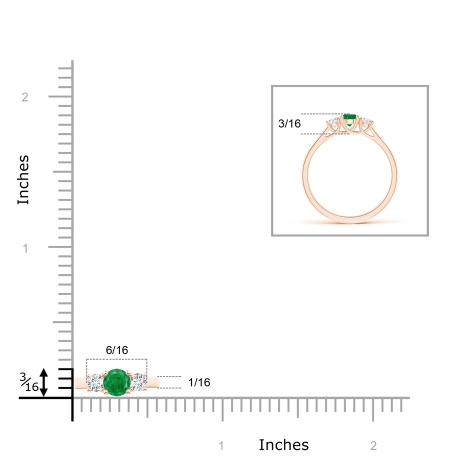4mm AA Classic Round Emerald and Diamond Three Stone Ring in Rose Gold ruler