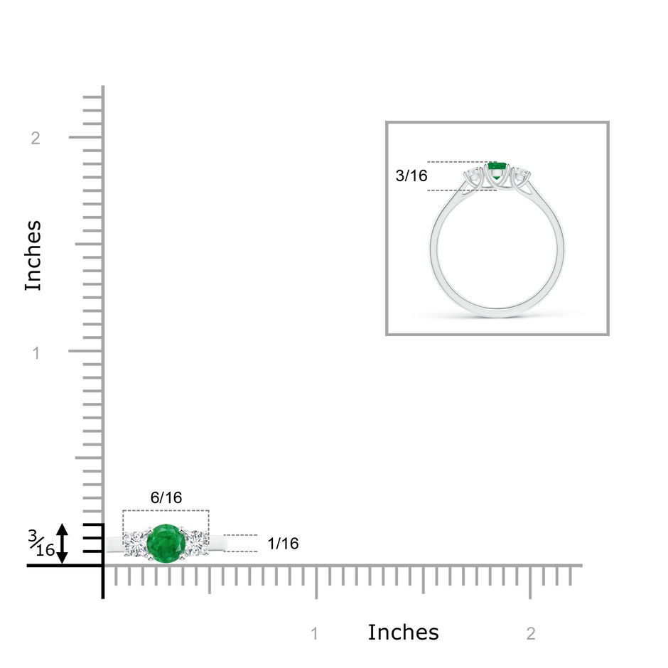 4mm AA Classic Round Emerald and Diamond Three Stone Ring in White Gold ruler