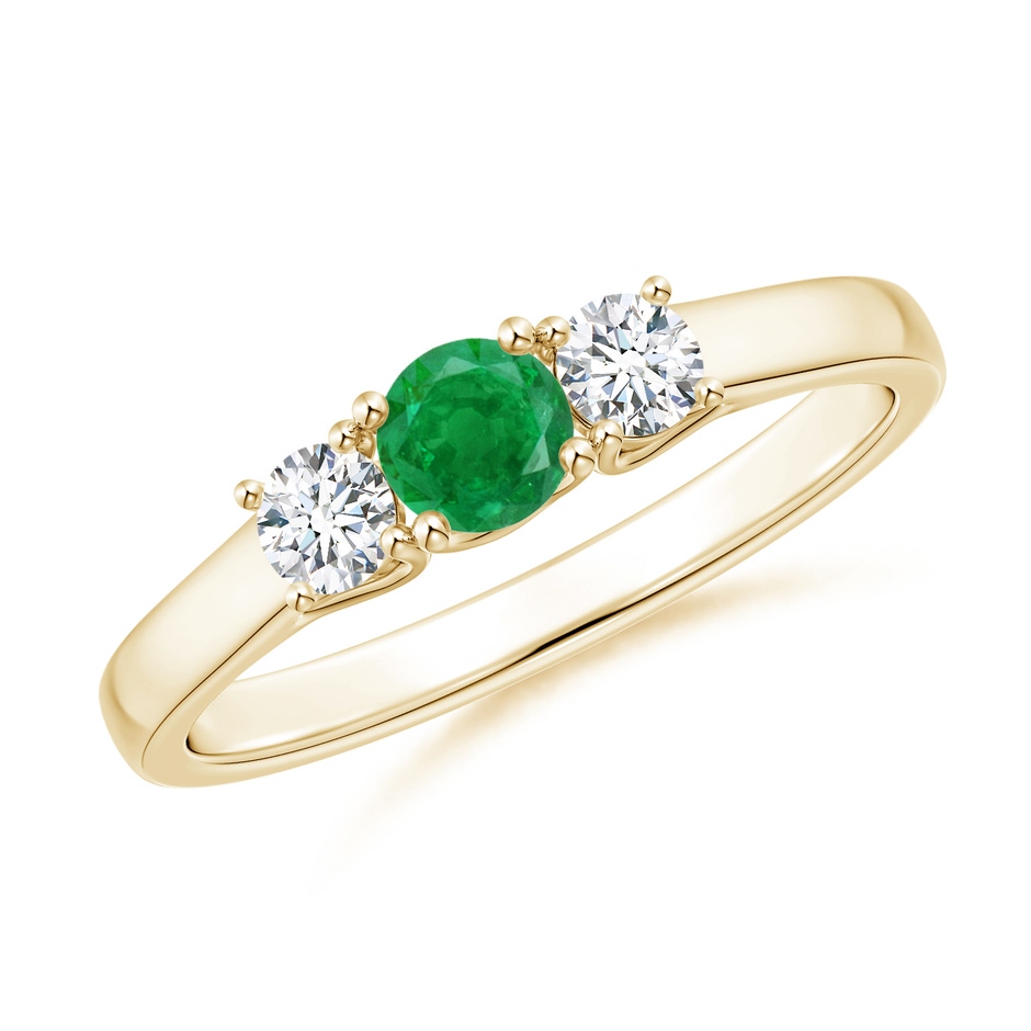 4mm AA Classic Round Emerald and Diamond Three Stone Ring in Yellow Gold 