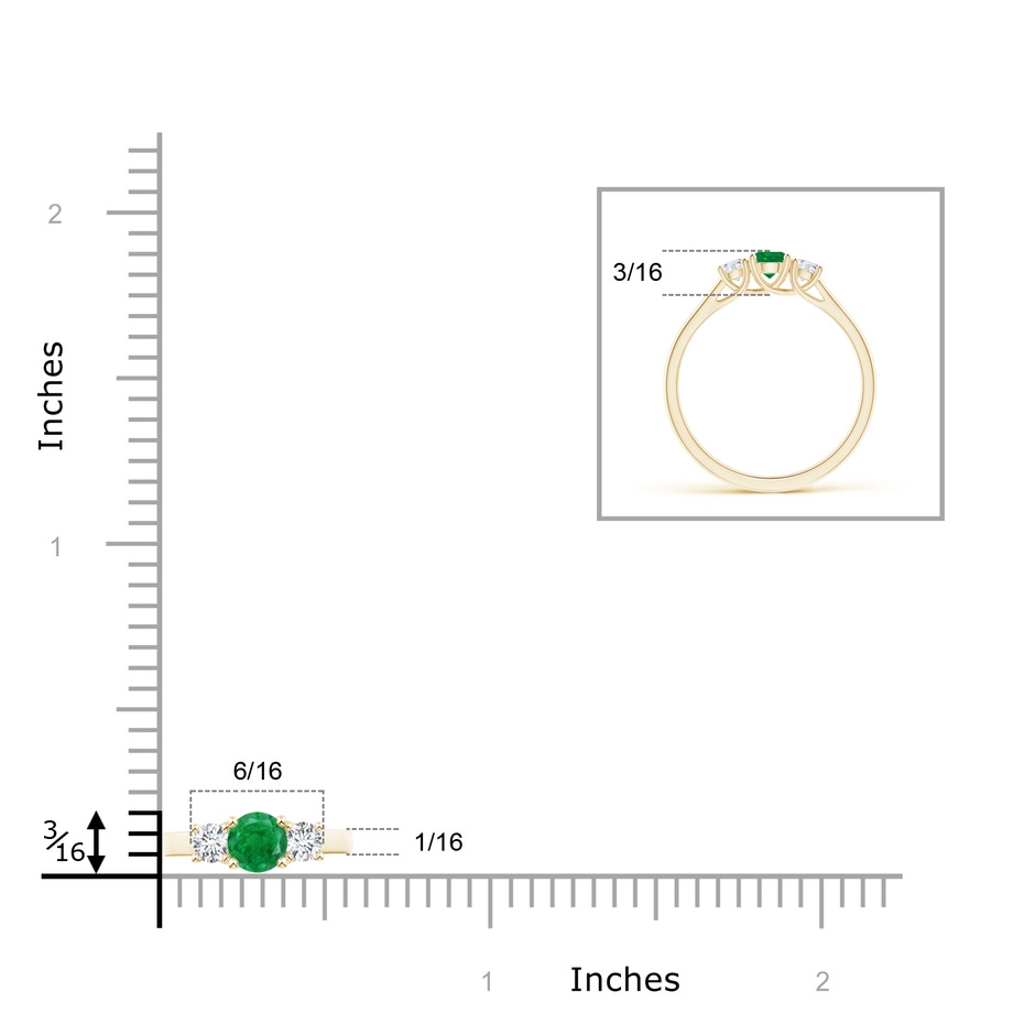 4mm AA Classic Round Emerald and Diamond Three Stone Ring in Yellow Gold ruler