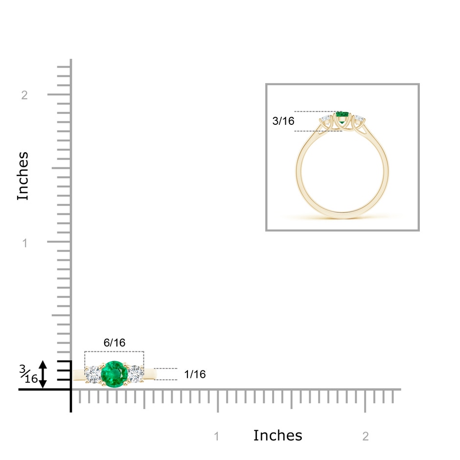 4mm AAA Classic Round Emerald and Diamond Three Stone Ring in Yellow Gold ruler
