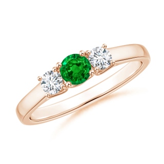 4mm AAAA Classic Round Emerald and Diamond Three Stone Ring in 10K Rose Gold