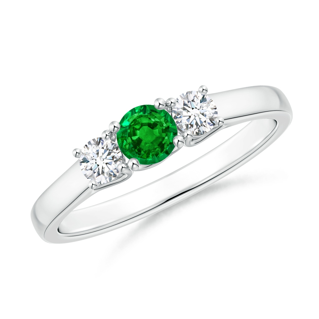 4mm AAAA Classic Round Emerald and Diamond Three Stone Ring in P950 Platinum