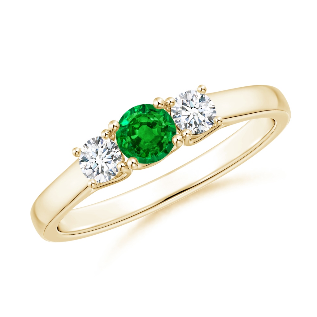 4mm AAAA Classic Round Emerald and Diamond Three Stone Ring in Yellow Gold