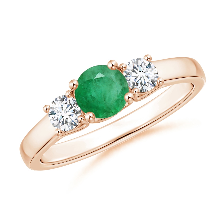 5mm A Classic Round Emerald and Diamond Three Stone Ring in Rose Gold 