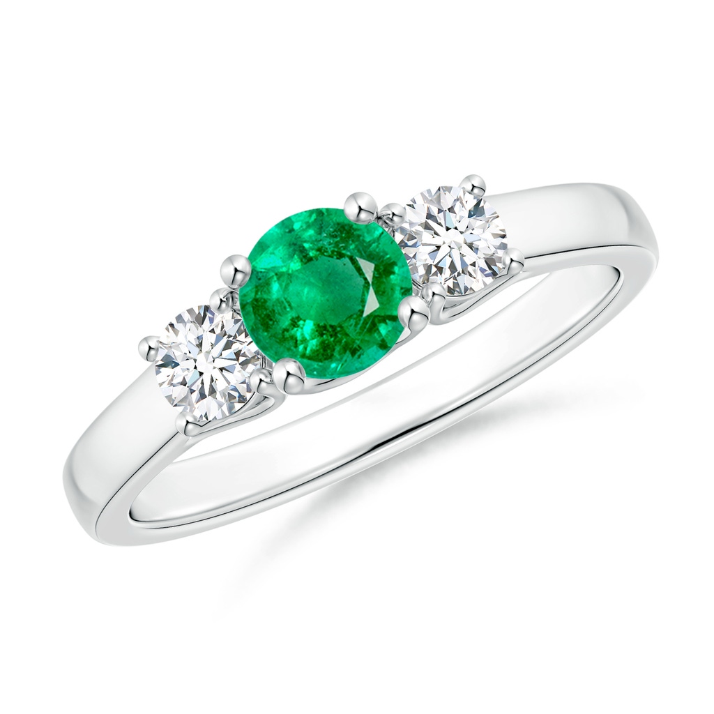 5mm AAA Classic Round Emerald and Diamond Three Stone Ring in White Gold