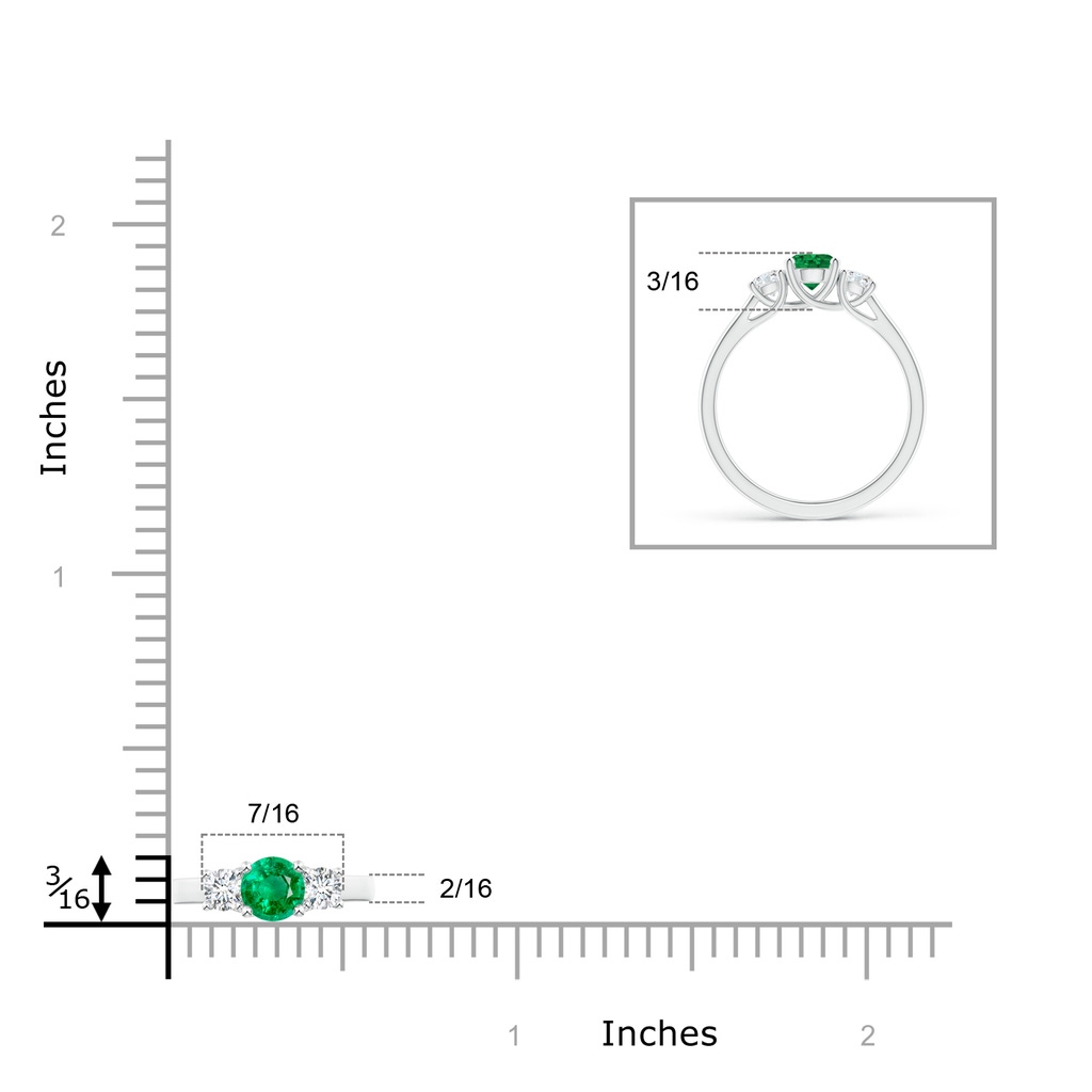 5mm AAA Classic Round Emerald and Diamond Three Stone Ring in White Gold Ruler
