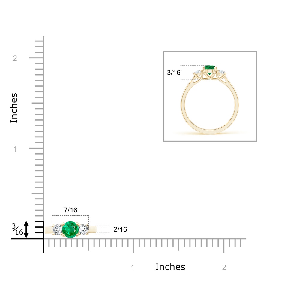 5mm AAA Classic Round Emerald and Diamond Three Stone Ring in Yellow Gold ruler