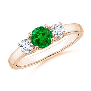 5mm AAAA Classic Round Emerald and Diamond Three Stone Ring in Rose Gold