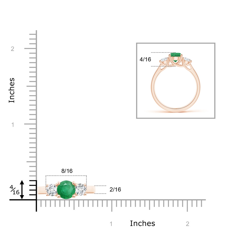 6mm A Classic Round Emerald and Diamond Three Stone Ring in Rose Gold ruler