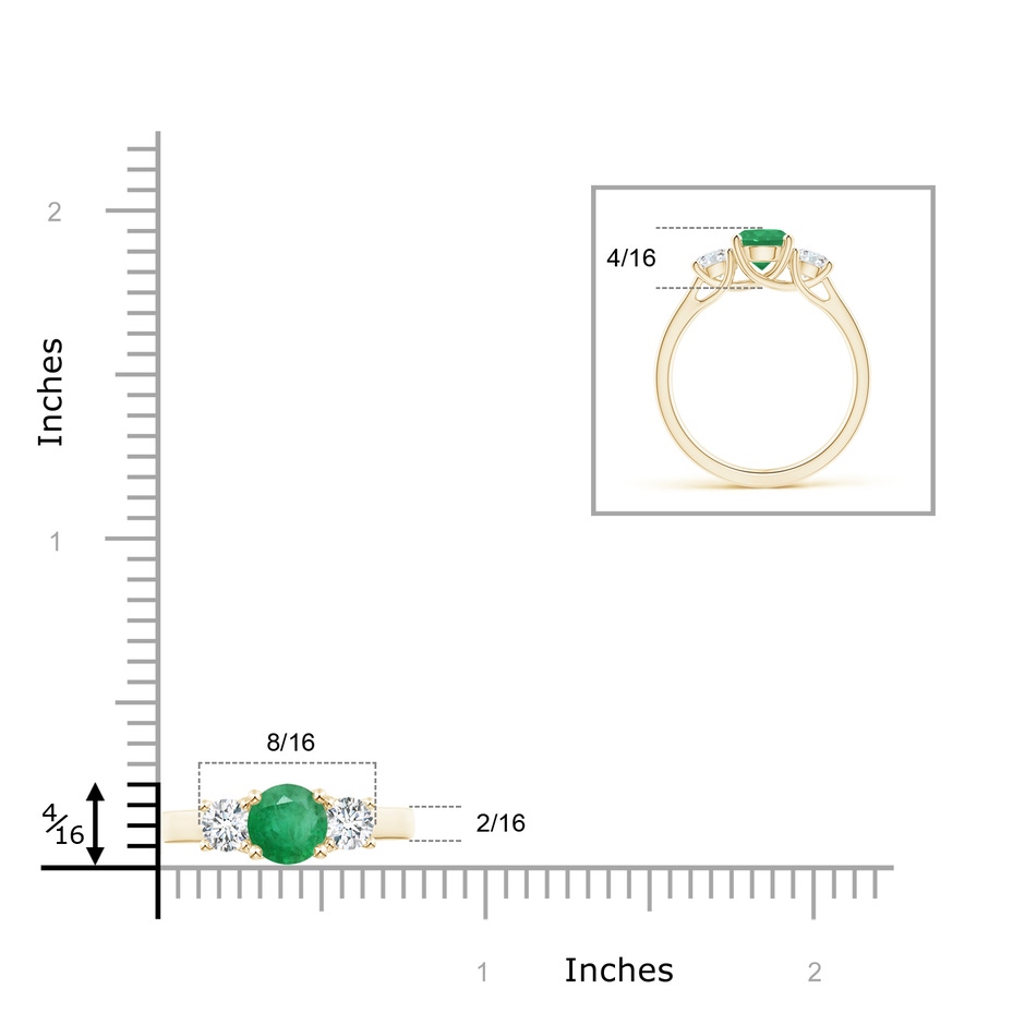 6mm A Classic Round Emerald and Diamond Three Stone Ring in Yellow Gold ruler