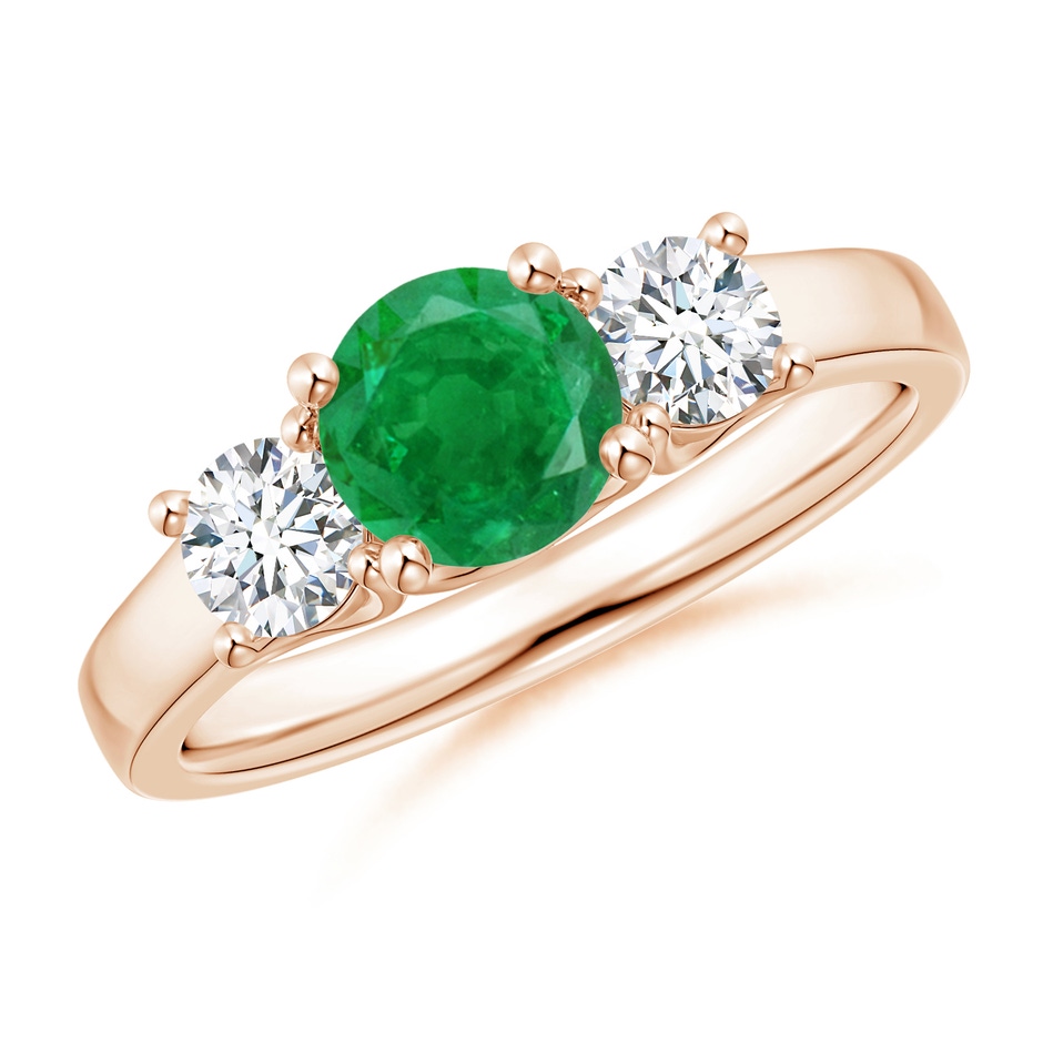 6mm AA Classic Round Emerald and Diamond Three Stone Ring in Rose Gold 