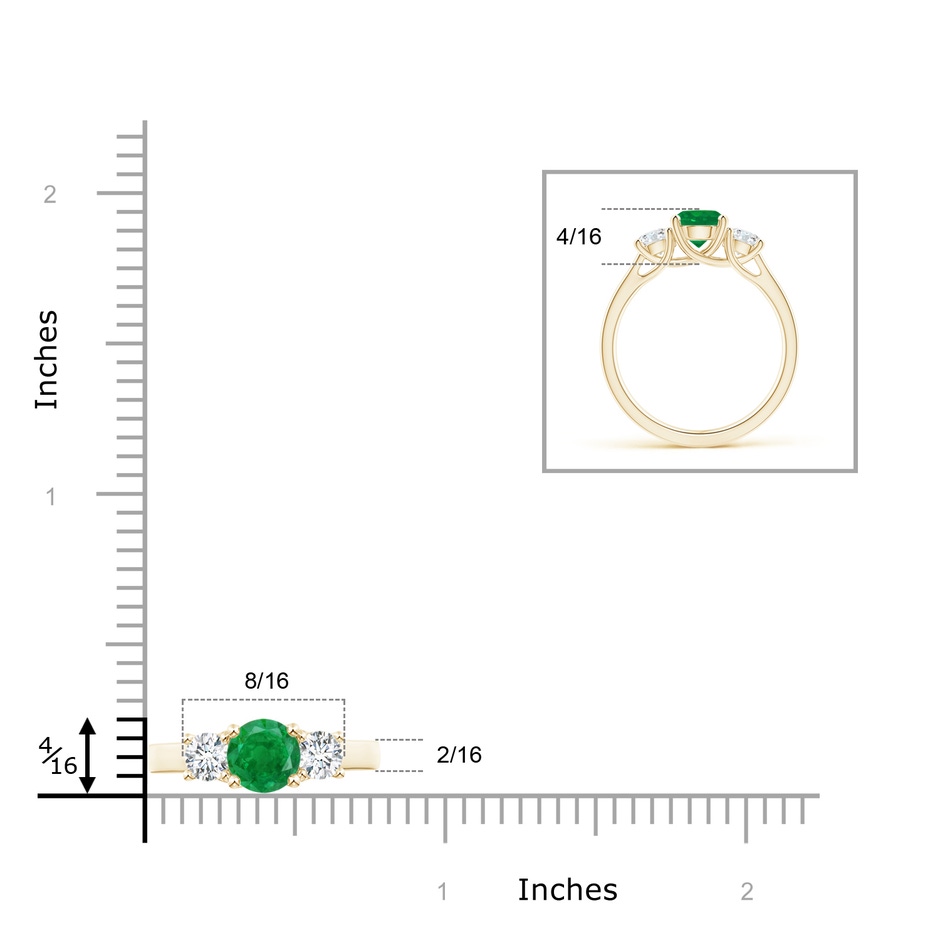 6mm AA Classic Round Emerald and Diamond Three Stone Ring in Yellow Gold ruler