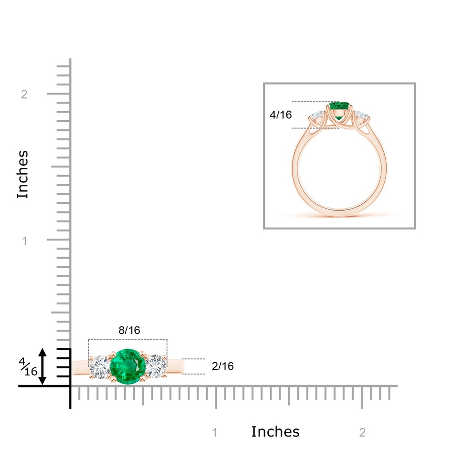 6mm AAA Classic Round Emerald and Diamond Three Stone Ring in Rose Gold ruler