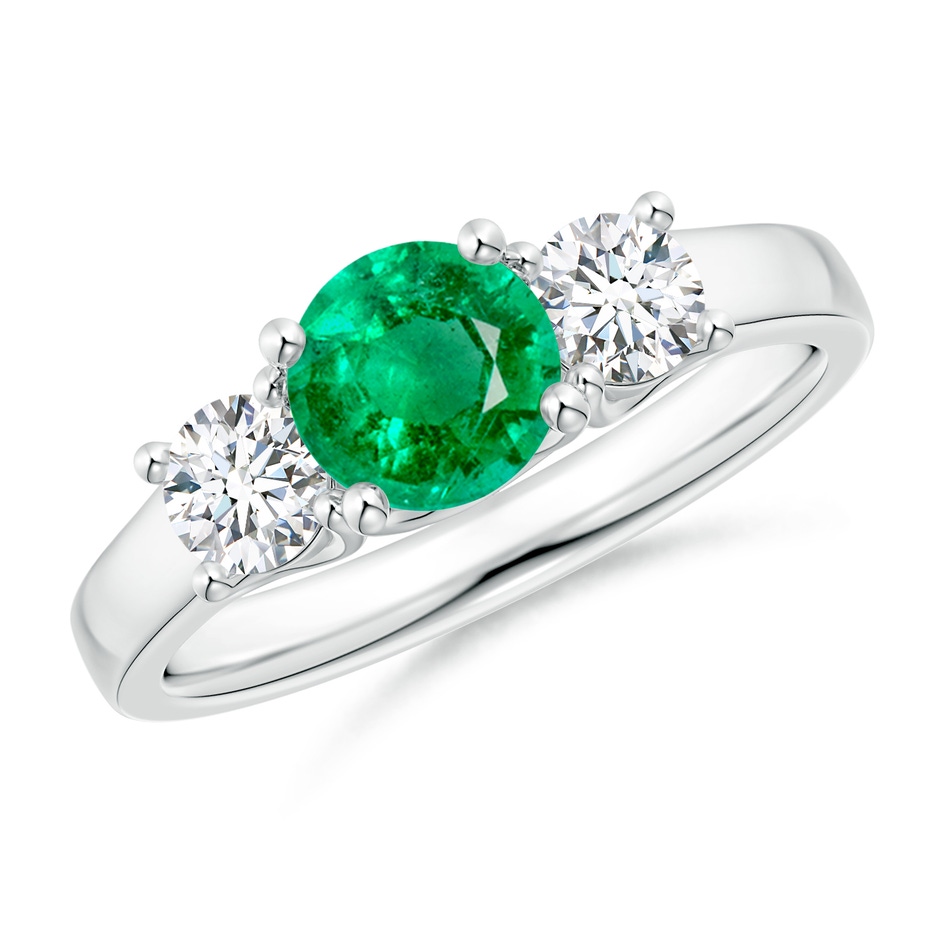 6mm AAA Classic Round Emerald and Diamond Three Stone Ring in White Gold 