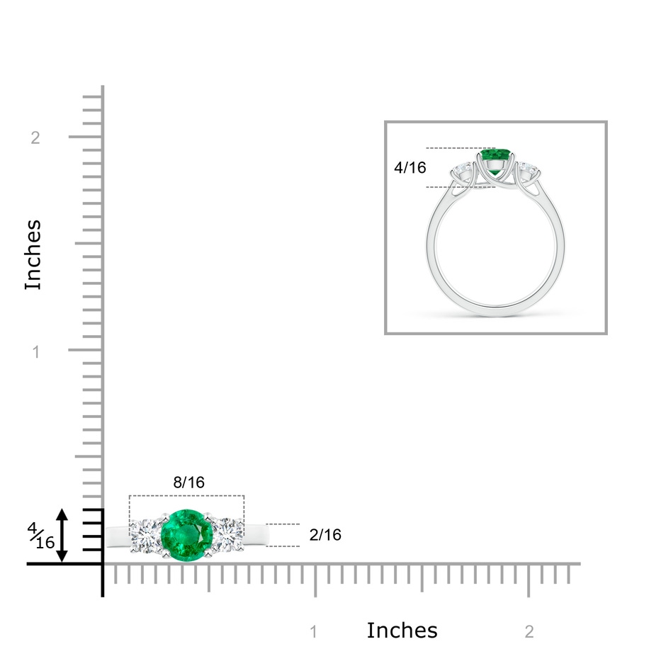 6mm AAA Classic Round Emerald and Diamond Three Stone Ring in White Gold ruler