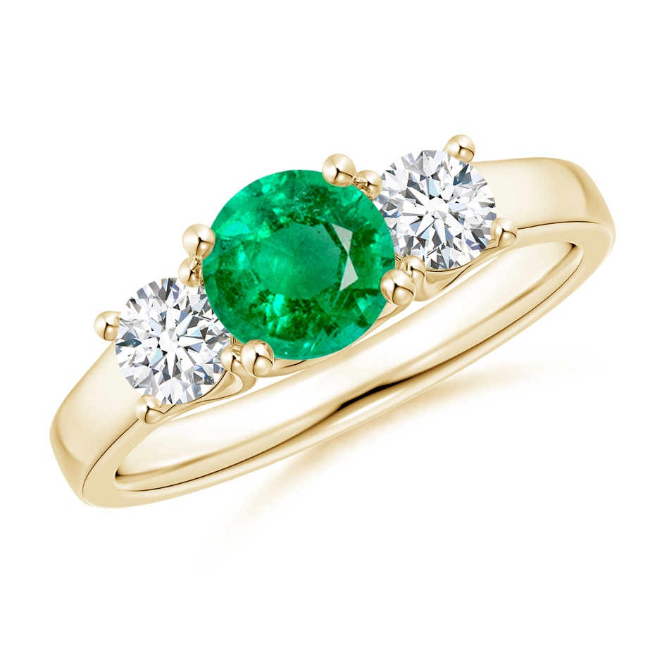 6mm AAA Classic Round Emerald and Diamond Three Stone Ring in Yellow Gold 