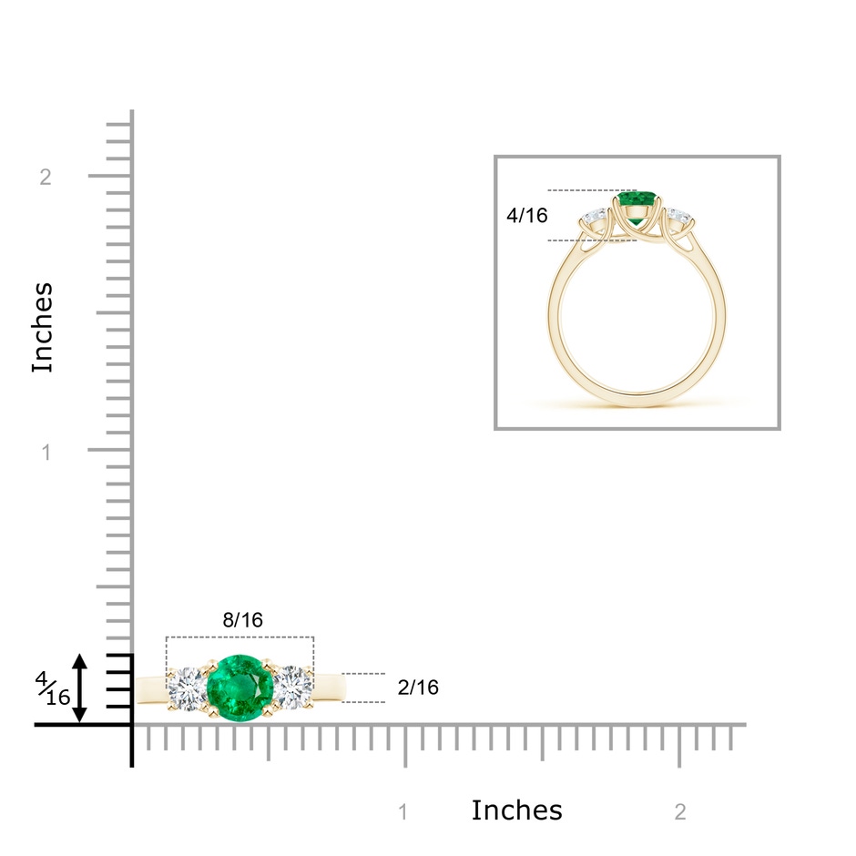 6mm AAA Classic Round Emerald and Diamond Three Stone Ring in Yellow Gold ruler