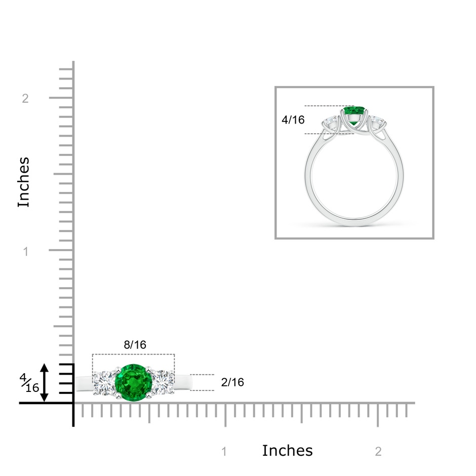 6mm AAAA Classic Round Emerald and Diamond Three Stone Ring in White Gold ruler