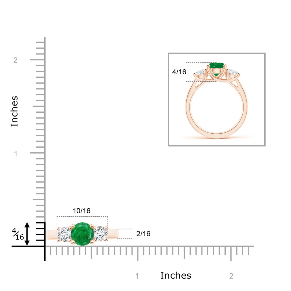 7mm AA Classic Round Emerald and Diamond Three Stone Ring in Rose Gold ruler