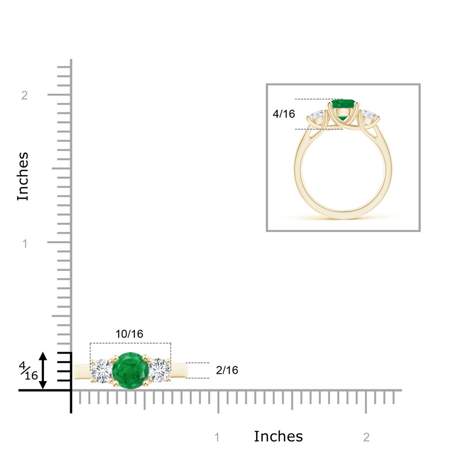 7mm AA Classic Round Emerald and Diamond Three Stone Ring in Yellow Gold ruler