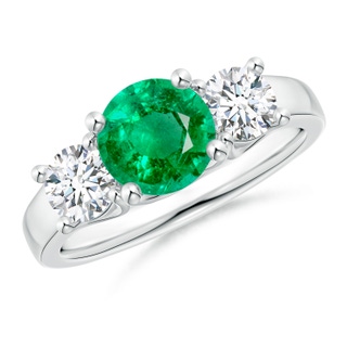 7mm AAA Classic Round Emerald and Diamond Three Stone Ring in P950 Platinum