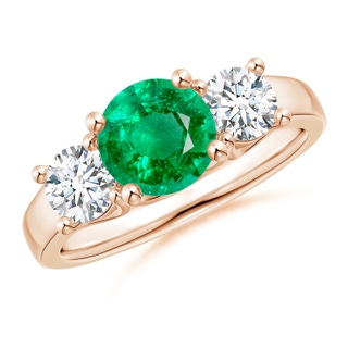 7mm AAA Classic Round Emerald and Diamond Three Stone Ring in Rose Gold
