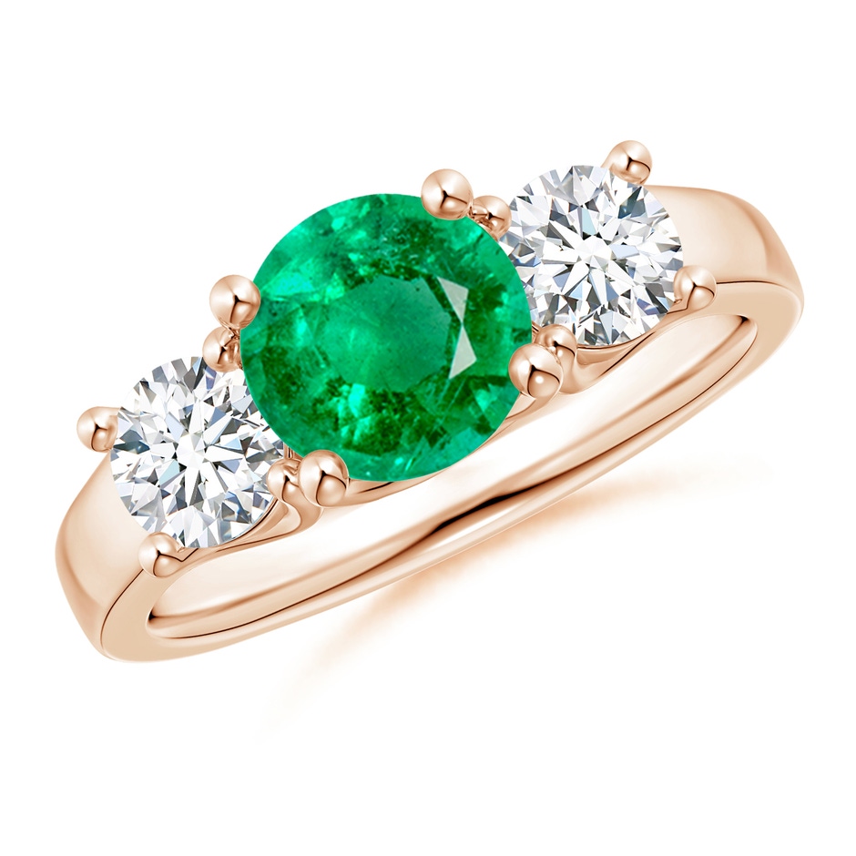 7mm AAA Classic Round Emerald and Diamond Three Stone Ring in Rose Gold 