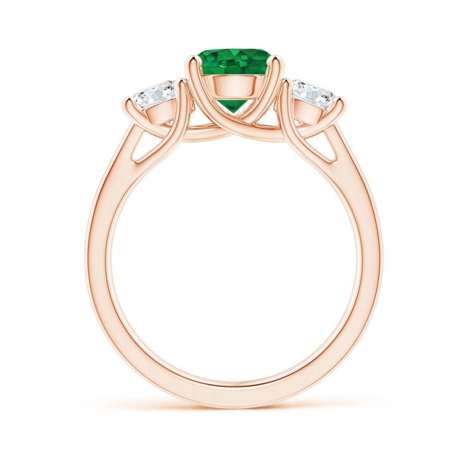 7mm AAA Classic Round Emerald and Diamond Three Stone Ring in Rose Gold side 1