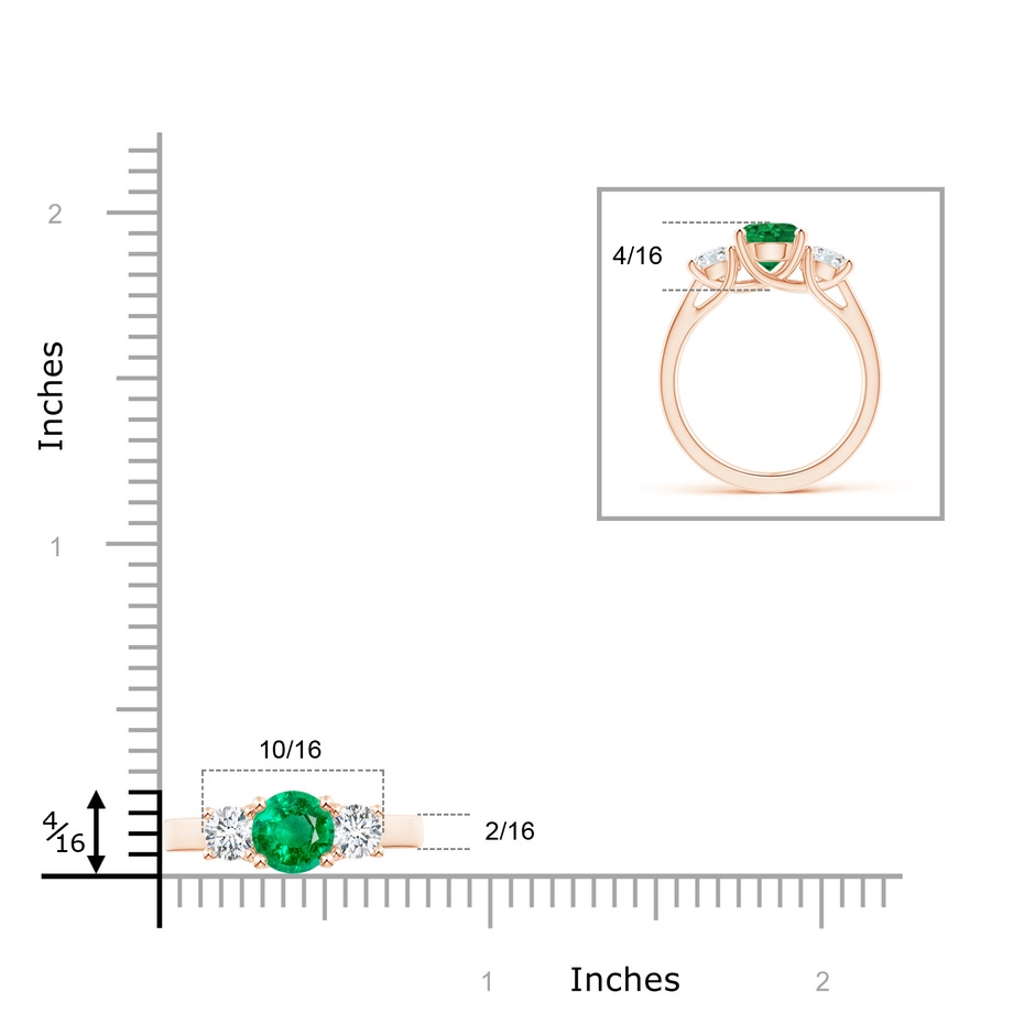 7mm AAA Classic Round Emerald and Diamond Three Stone Ring in Rose Gold ruler