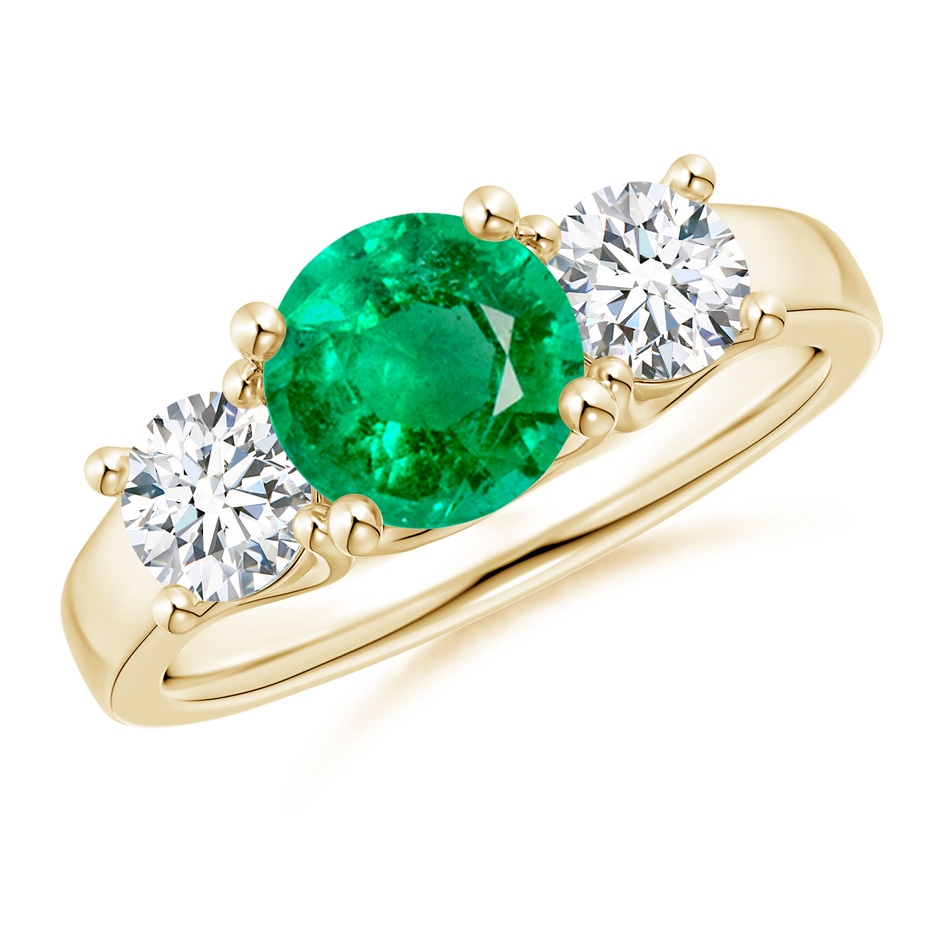 7mm AAA Classic Round Emerald and Diamond Three Stone Ring in Yellow Gold 