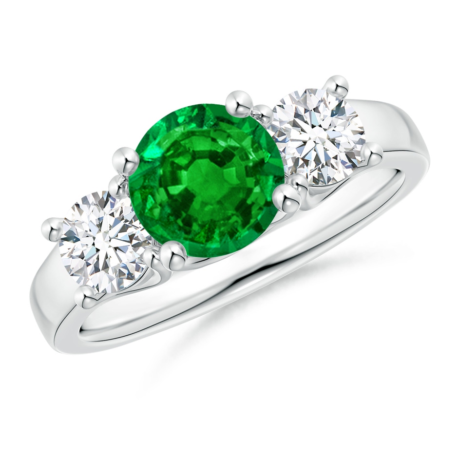 7mm AAAA Classic Round Emerald and Diamond Three Stone Ring in P950 Platinum 