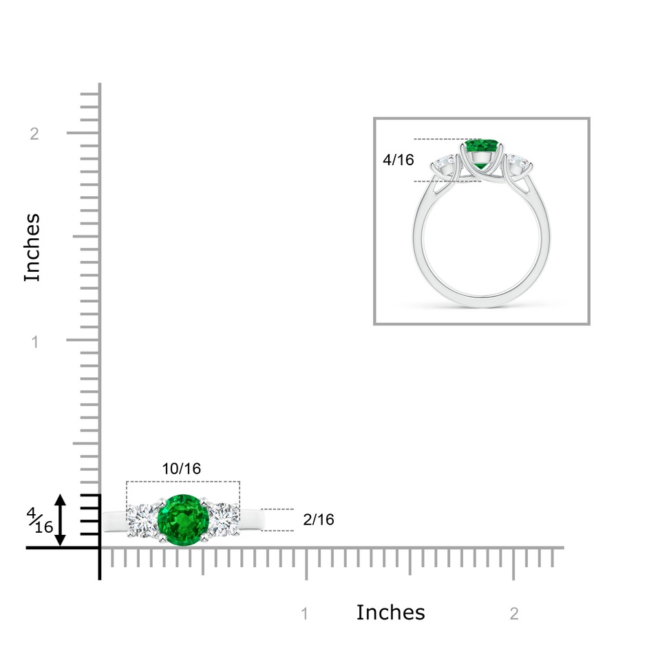 7mm AAAA Classic Round Emerald and Diamond Three Stone Ring in P950 Platinum ruler