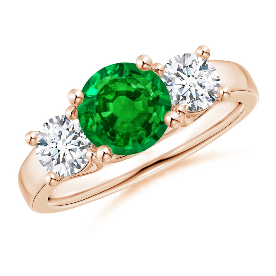 7mm AAAA Classic Round Emerald and Diamond Three Stone Ring in Rose Gold 