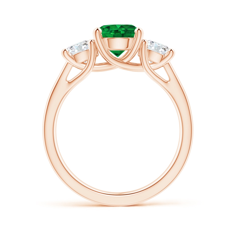 7mm AAAA Classic Round Emerald and Diamond Three Stone Ring in Rose Gold side 1
