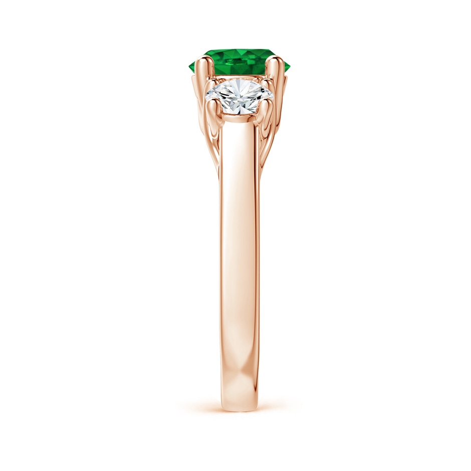 7mm AAAA Classic Round Emerald and Diamond Three Stone Ring in Rose Gold side 2
