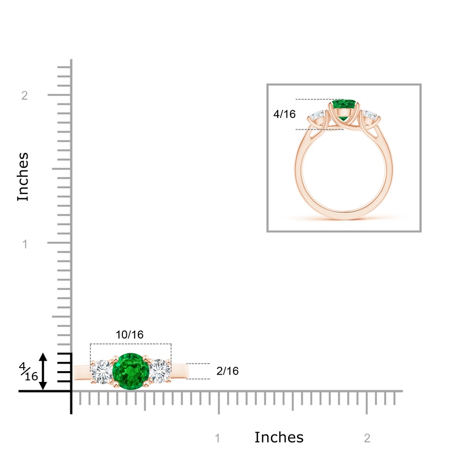 7mm AAAA Classic Round Emerald and Diamond Three Stone Ring in Rose Gold ruler