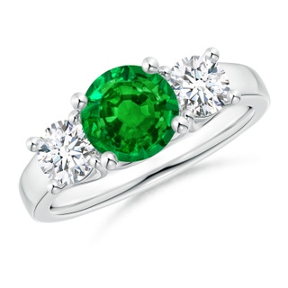 7mm AAAA Classic Round Emerald and Diamond Three Stone Ring in S999 Silver