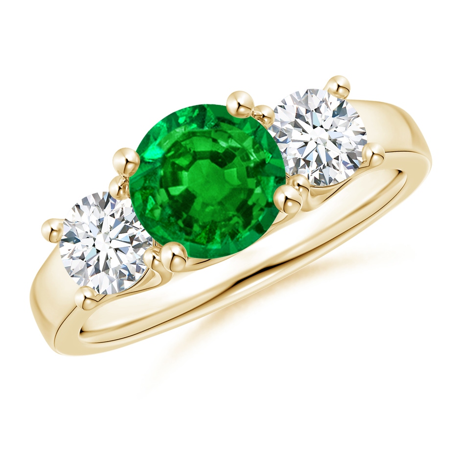 7mm AAAA Classic Round Emerald and Diamond Three Stone Ring in Yellow Gold 